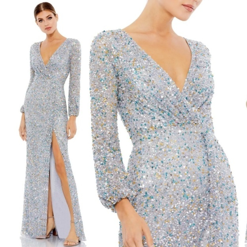 Mac Duggal Glittering Maxi Dress in Silver and Blue